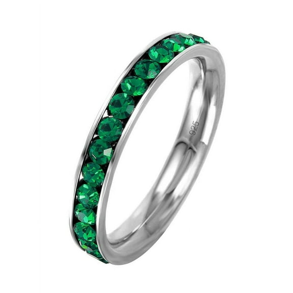 Channel Set Simulated Emerald Cubic Zirconia May Birthstone Eternity Ring Sterling Silver Size 6