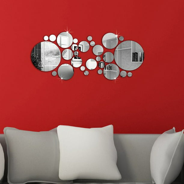 28pcs Set 3d Modern Mirror Wall Stickers Silver Acrylic Diy Mural Decal Home Living Room Bedroom Art Decor Removable Com - Mirrored Wall Art Decor
