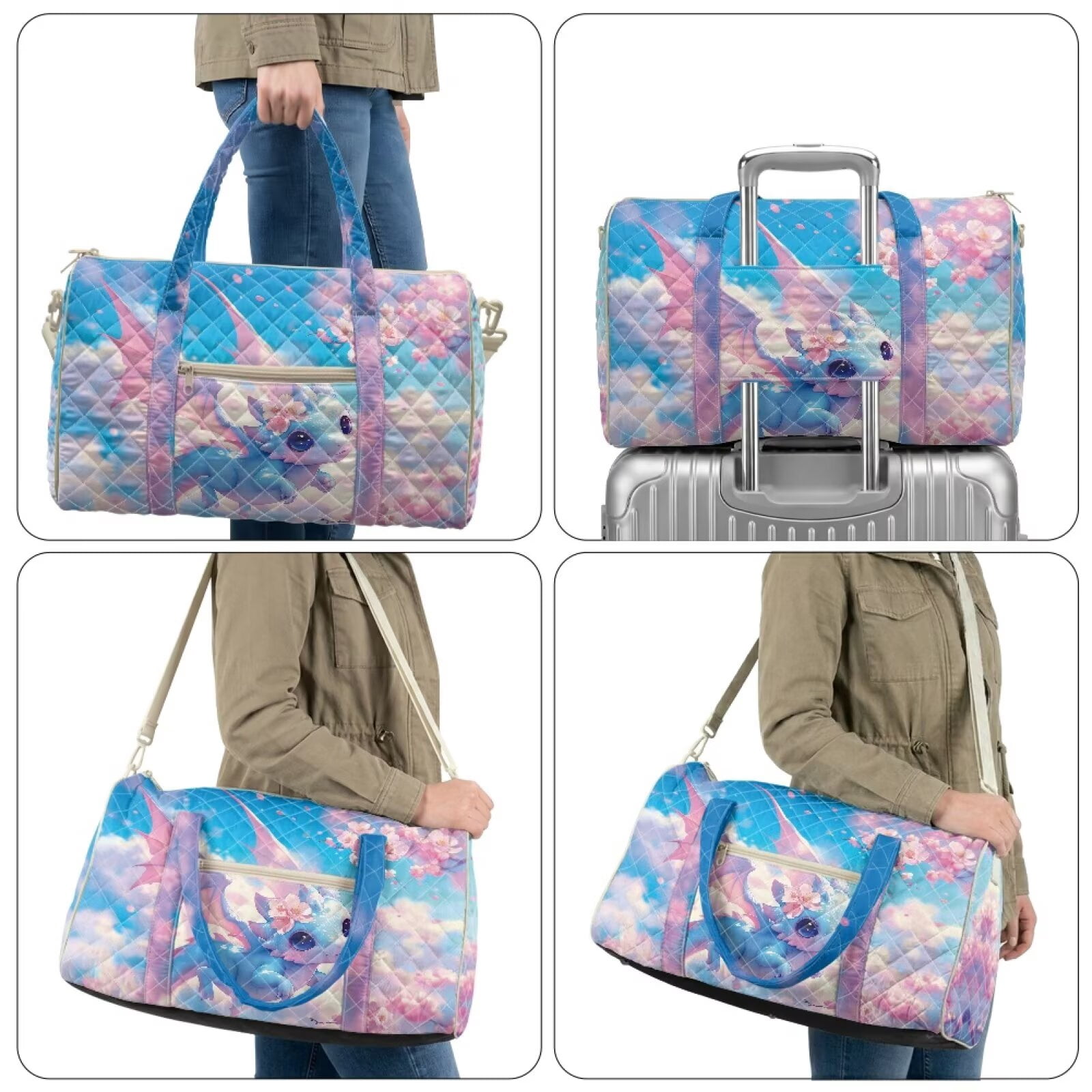 Garronmavis Cute Cherry Blossom Dragon Print Large Quilted Duffle Bag for Women, Weekender Travel Bag Carry On Bag for Gym, Dance, Overnight Trips