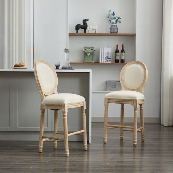 2-Piece Solid Wood Barstools with Upholstered Seating - Classic French Country Style