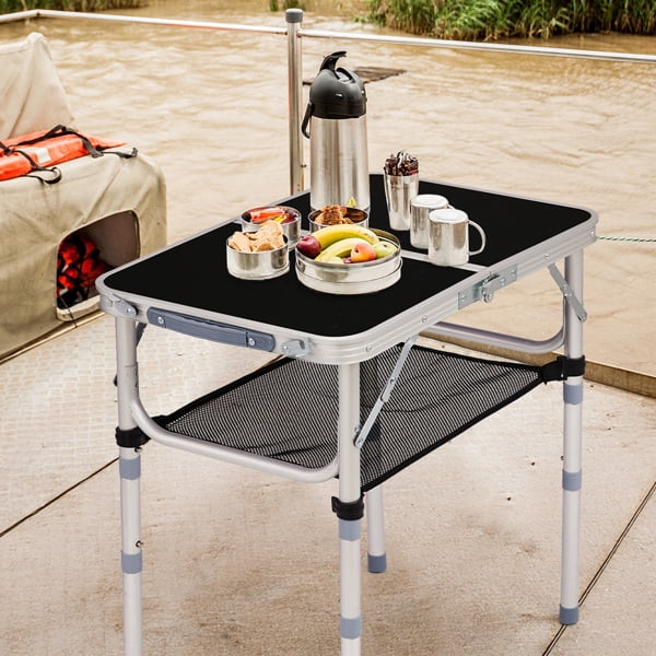 Folding Camping Table, 2ft Portable Pinic Table with 3 Adjustable Height, Small Aluminum Foldable Lightweight Patio Side Table with Carry Handle for Outdoor Indoor Hiking Camp BBQ Beach