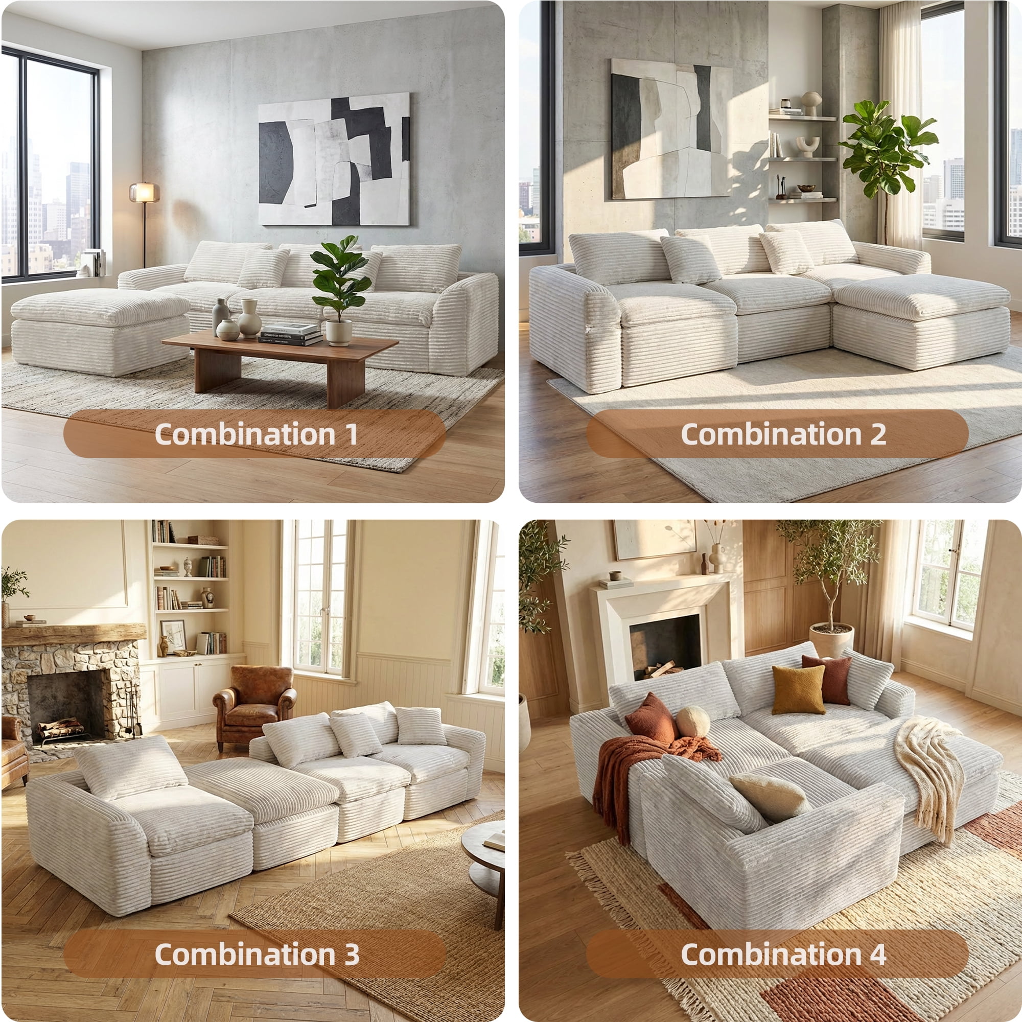 CARZZI 108'' Modular Sectional L-Shaped with Chair,Deep Seat Boneless Corner Couch for Living Room,Plush Corduroy Couch with Detachable Sofa Set,No Assembly(Left Facing Chaise，White)