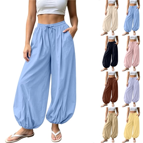 Bloomae Womens Wide Leg Barrel Pants Casual Drawstring Elastic High Waist Flowy Baggy Balloon Trousers Loose Comfy Ankle Cuffed Beach Vacation Lounge Pants with Pockets