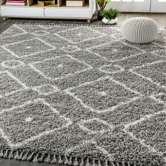 JONATHAN Y MERCER SHAG Mercer Shag Plush Tassel Moroccan Diamond Gray/Cream 3 ft. x 5 ft. Area Rug (MCR105C-3)