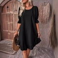 thumbnail image 4 of Vestido Corto Holgado con Mangas Abullonadas, Bajo con Volantes, Cuello Redondo y Fruncido, Color Negro, Talla XXL, 4 of 10