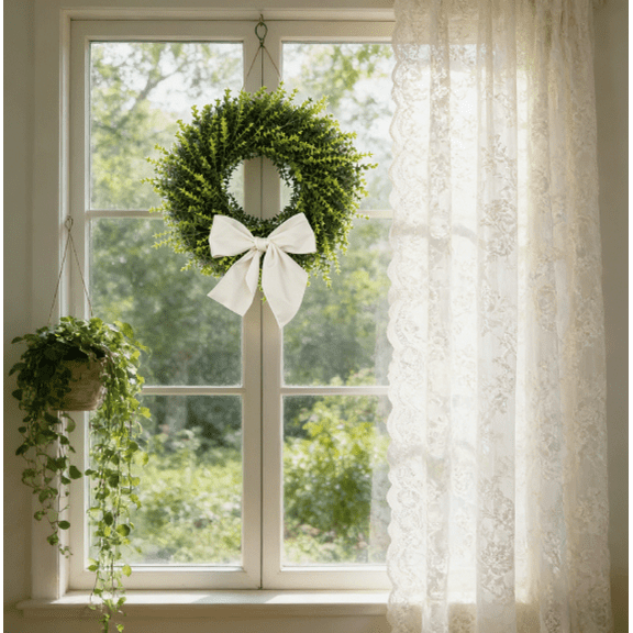 23.6 Inch Artificial Boxwood Wreath with Cream Sash - Green Faux Farmhouse Wreath for Front Door, Wall, Window, Year-Round Indoor Outdoor Home Decor