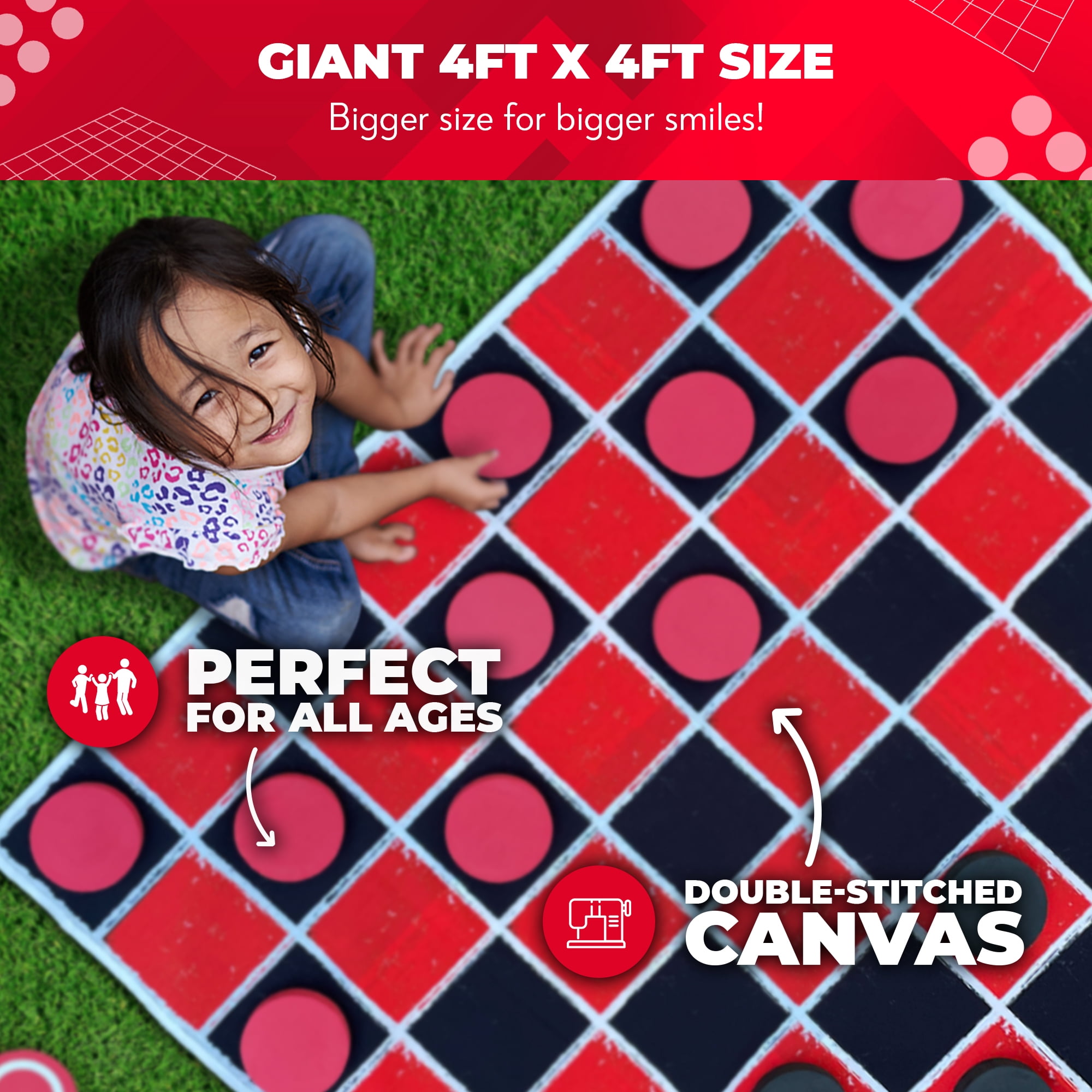 Swooc Games® - 2-in-1 Vintage Giant Checkers & Tic Tac Toe Game W/ Mat (4ft x 4ft) - 100% Machine-Washable Canvas - Giant Outdoor Games For Kids - Giant Lawn Games - Yard Games For Kids - Giant Games