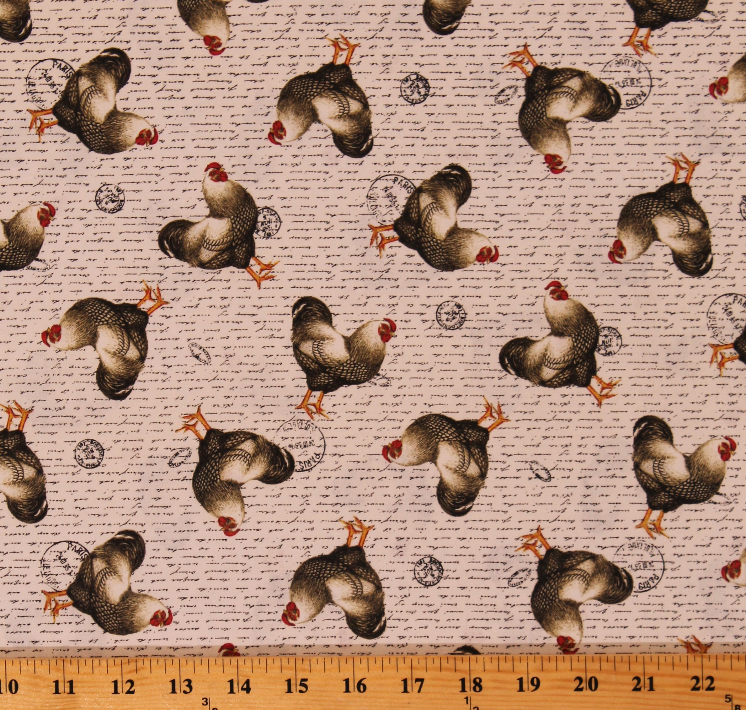 Cotton Chickens Hens Farm Animals Birds French Script on White Cotton
