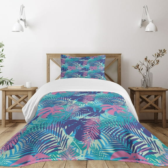 Ambesonne Leaf Quilted Bedspread Set 2 Pcs, Vivid Colored Island Flora, Twin Size, Turquoise Dark Blue
