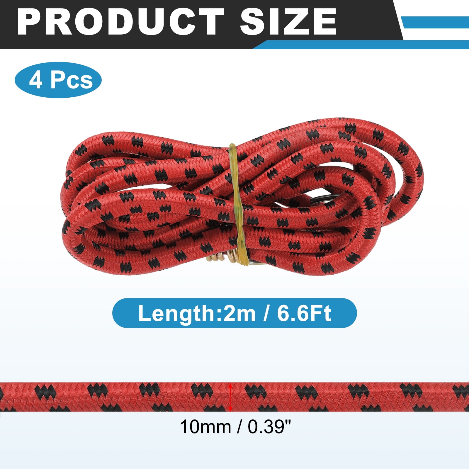 Uxcell 3/8" x 6.6ft Marine Grade Bungee Cord with Hooks, 4Pcs Rubber Heavy Duty Outdoor Elastic Straps Kayak Stretch String Rope for Securing Luggage Moving Cargo, Red