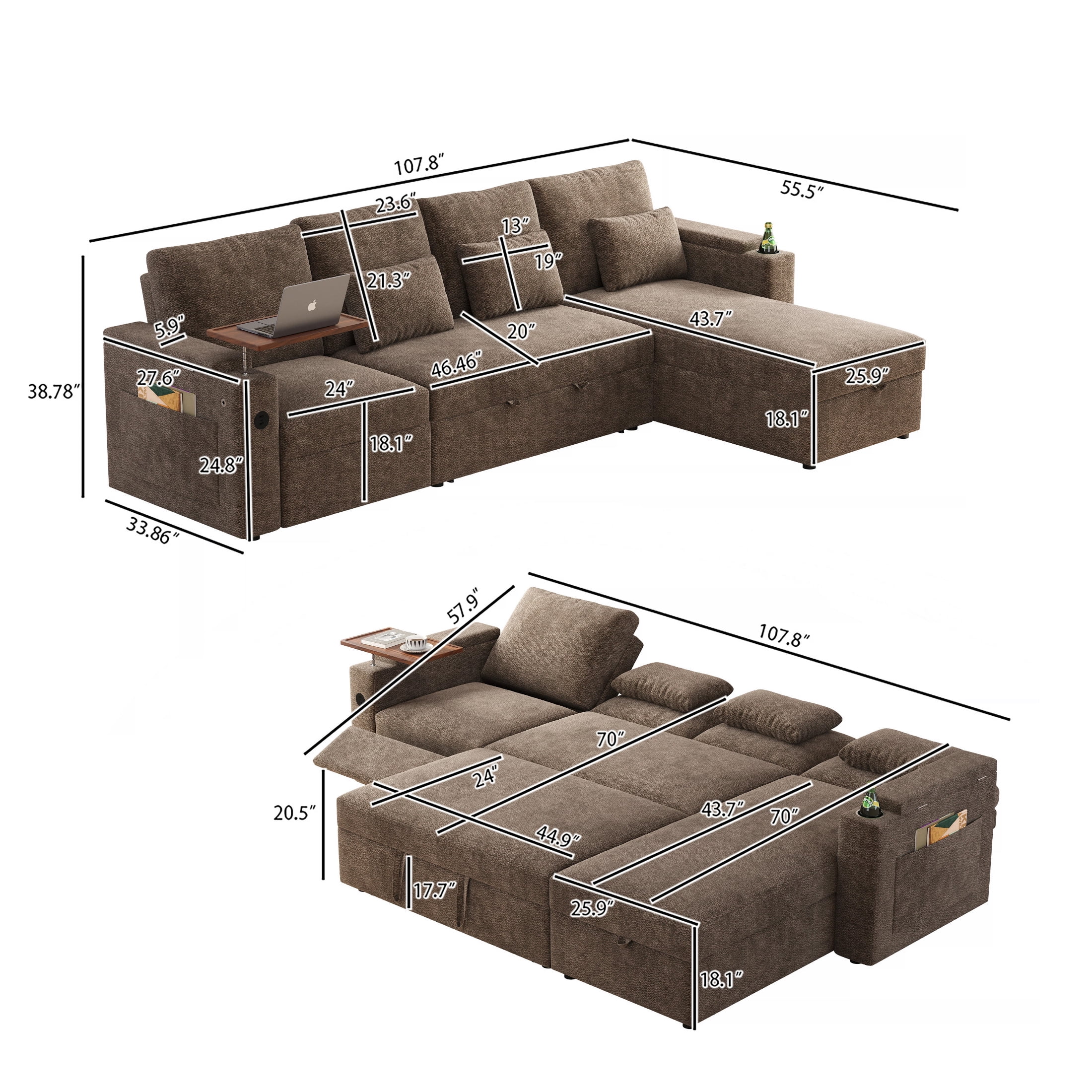 AISWORD 108" 3-in-1 Convertible Pull Out Sofa Bed, 6 Position Adjustable Sleeper Couch with USB Ports, Laptop Table, Cup Holders & Side Storage Pockets, Khaki