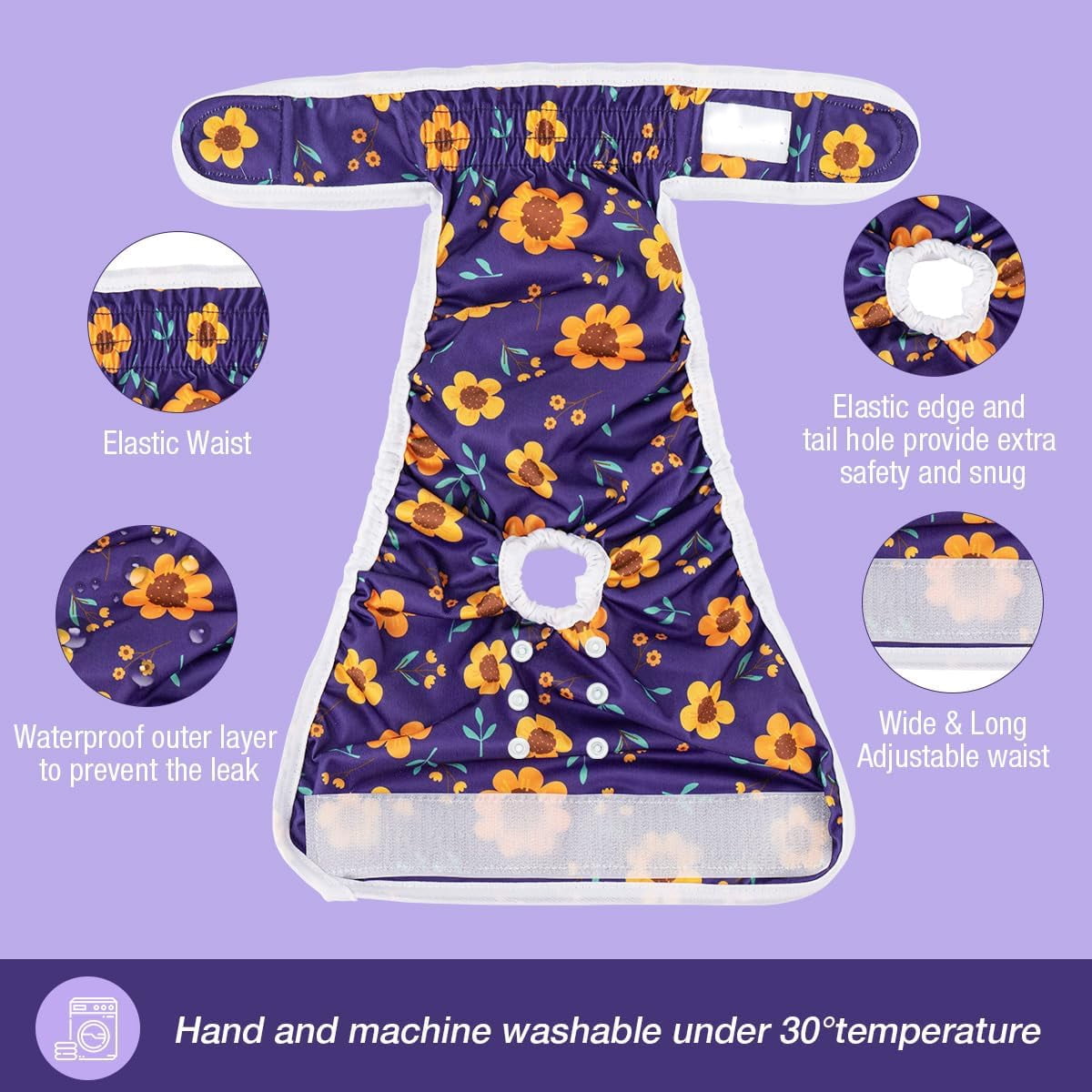 Pet Soft Washable Female Diapers Cute Flower Dog Diapers, Comfort Reusable Doggy Diapers for Girl Dog in Period Heat