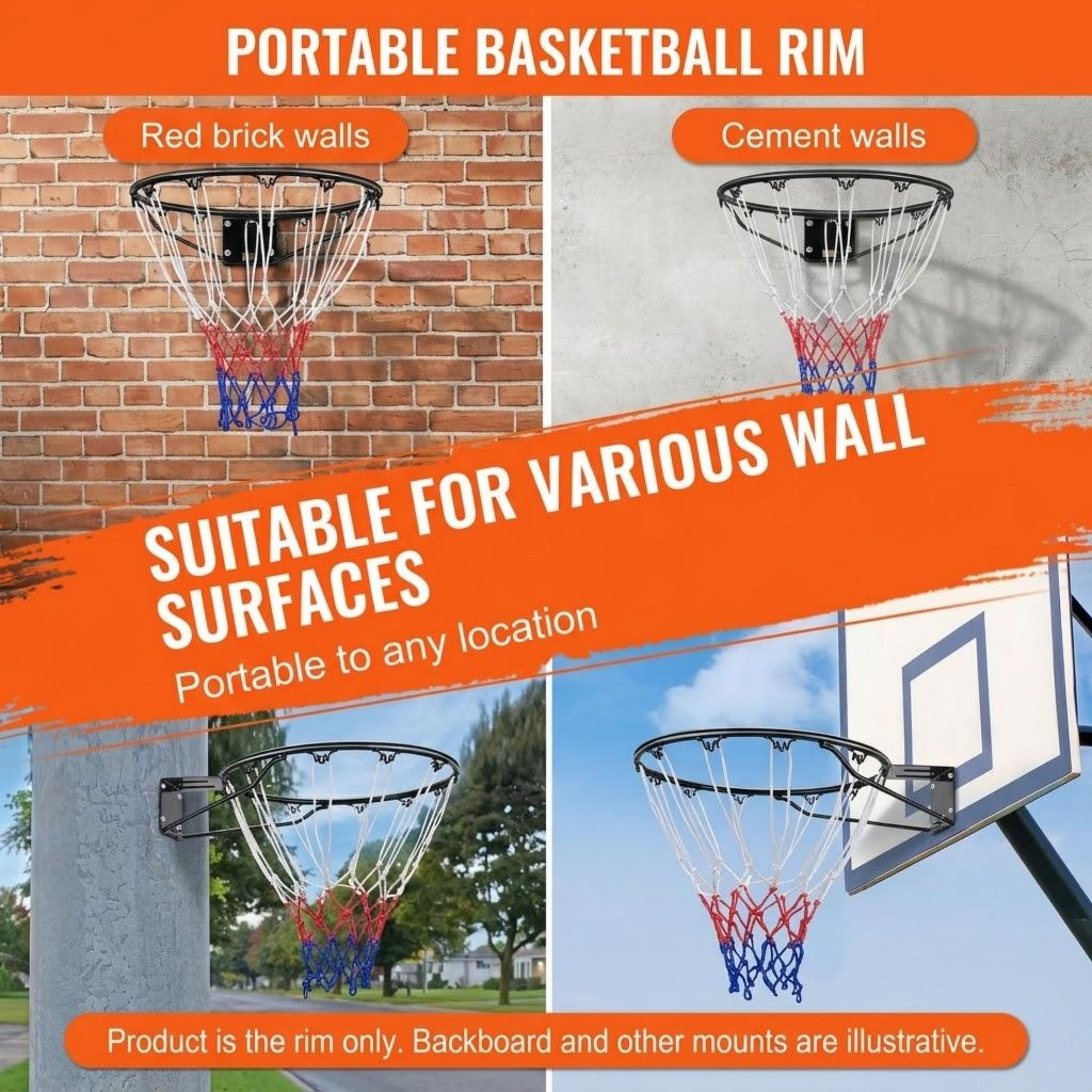 Heavy Duty Q235 Steel Basketball Rim, 18" Flex Goal with Double Spring, Wall & Door Mountable, Includes Net for Kids & Adults
