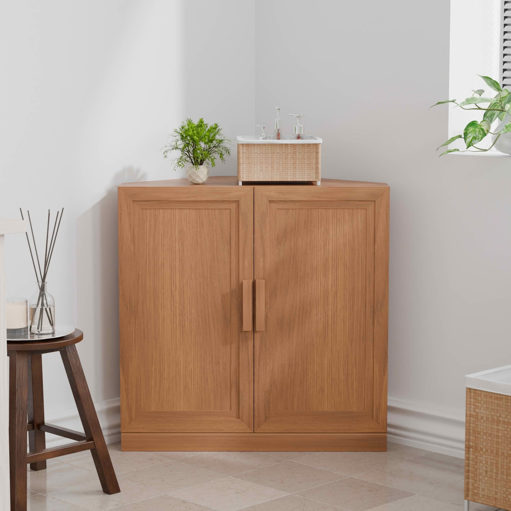 MAYEERTY 31x31x16 Inch Light Walnut 2-Door Corner Storage Cabinet with Solid Wood Door