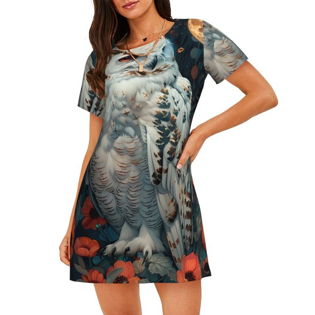 Disketp Moon Flower White Owl para Camisón Corto de Manga Corta para Mujeres, Camisón Cómodo con Escote Redondo, Bonito y Confortable