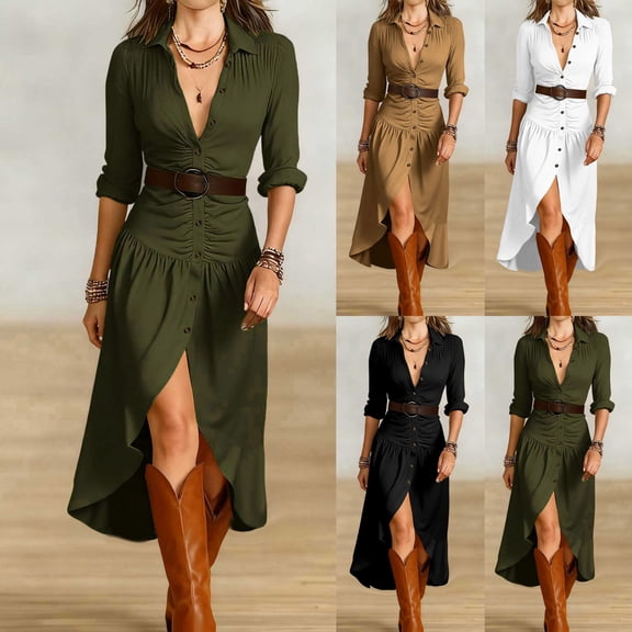 THDHVS Plus Size Dress,Dresses for Women,Long Sleeve Collared Dress with Included Belt Classic Style Black