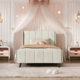 thumbnail image 2 of Velvet Upholstered Platform Bed with Tufted Headboard, Twin Size Bed Frame with 10 Sturdy Wood Support for Boys Girls Adults Bedroom, No Box Spring Needed, 600LBS Weight Capacity, Beige, 2 of 7
