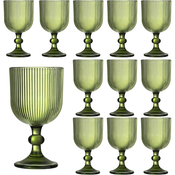 Juego de 6 copas de agua de vidrio de colores clásico, de 11 onzas, patrón único en relieve, cristalería de tallo alto transparente, copas de vidrio para boda, fiesta, bar, vasos de vidrio