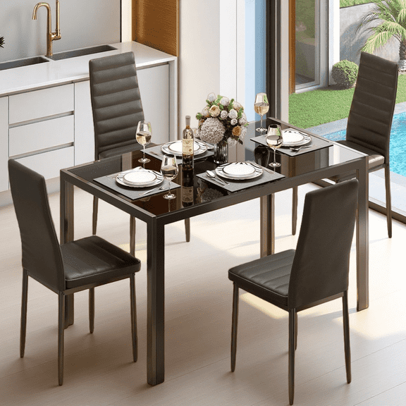 Dining Table Set for 4, Lofka Modern Kitchen Table and 4 PU Leather Chairs for Breakfast Nook Small Spaces ,Black