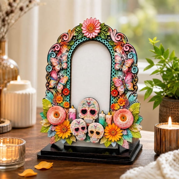 Day of the Dead Picture Frame with Sugar Skull Decor, Sturdy Picture Frame Holder Stand for Day of The Dead Altar, Vibrant Mexican Home Decor for Dia de Los Muertos