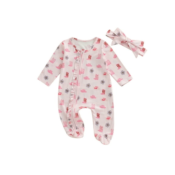 BemeyourBBs Newborn Baby Girl Western Romper Outfits Floral Cowgirl Hat Long Sleeve Footed Jumpsuit Headband