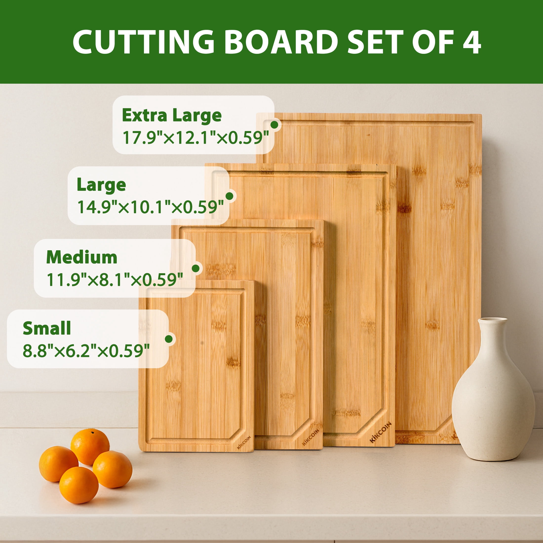 Kikcoin Cutting Board, 4 Pcs Extra Large Bamboo Cutting Boards for Kitchen, Wood Serving Tray with Juice Groove