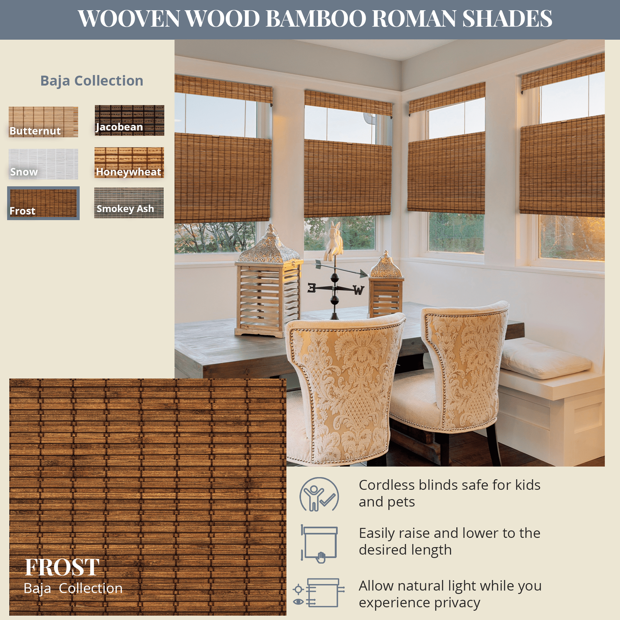 Natural Woven Top Down Bottom Up Cordless Bamboo Roman Shades for Windows, 41 in. W x 72 in. L, Frost