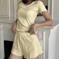 thumbnail image 2 of Summer 2 Piece Sets for Women Plus Size Going out Solid Color Slim Round Neck Short Sleeved Shorts Set, 2 of 5
