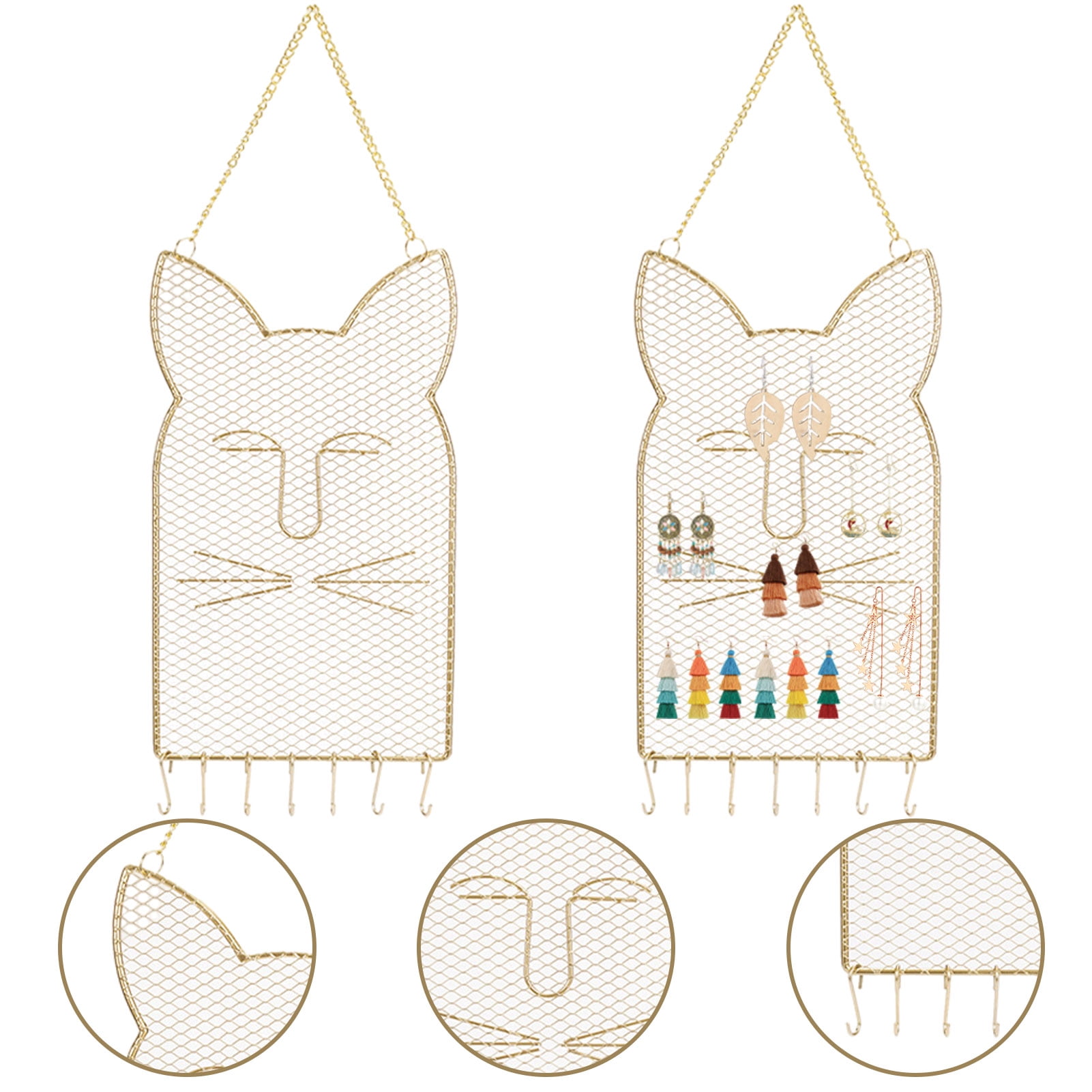 Hanging Jewelry Organizer Cat Face Shape Wall Mounted Hanging Necklaces Display Rack Earrings Necklace Jewelry Metal Mesh Holder