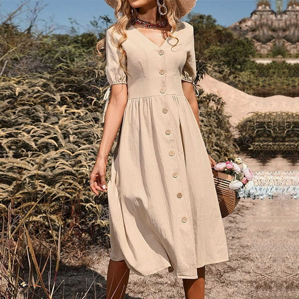 QUYUON Linen Dress for Women Summer Belted Midi Dress Ladies