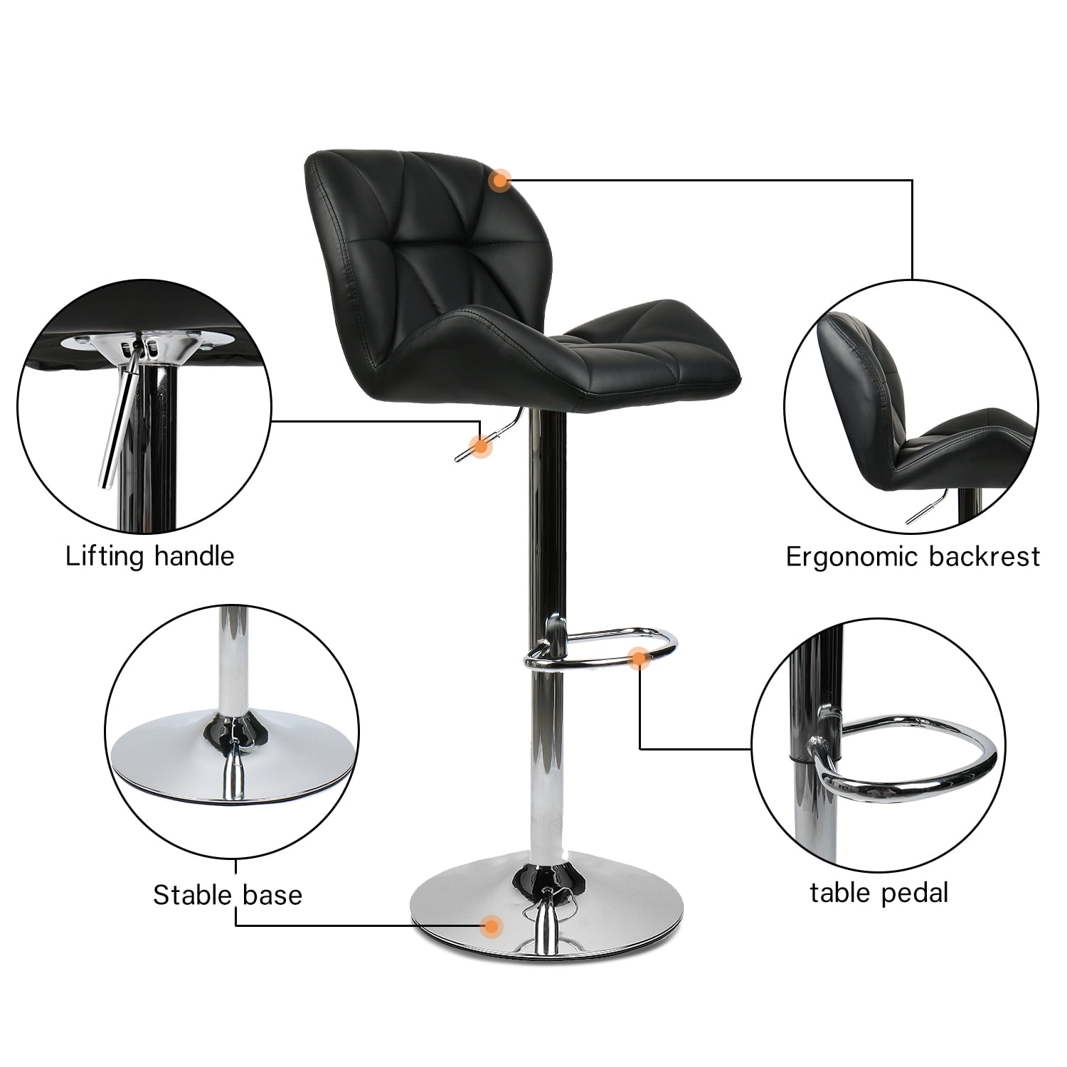 FULLWATT Bar Stools PU Leather Seat with Chrome Base Swivel Dining Chair Barstools, Black, Set of 4