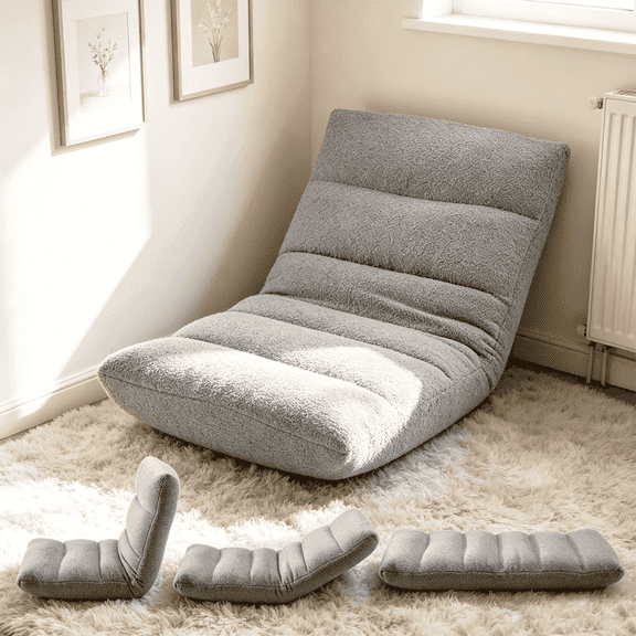 Taoset 4-Position Adjustable Floor Chair, Folding Lazy Sofa Recliner, Cozy Bouclé Teddy Fabric Floor Lounger with Back Support for Bedroom, Living Room, Meditation, Reading, Grey
