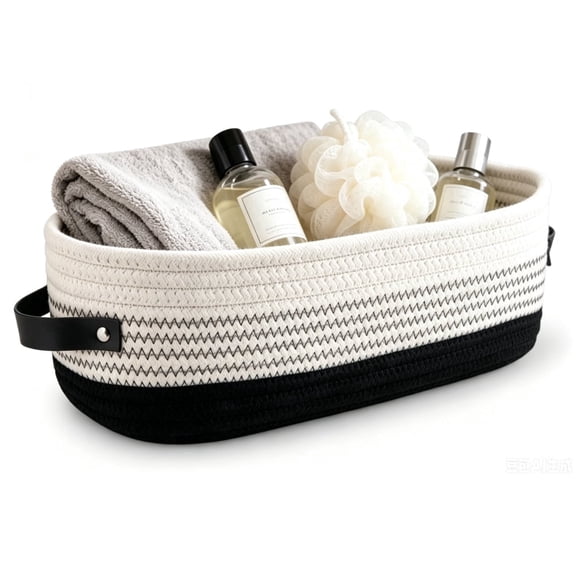 Woven Storage Basket with Handles, 13"x5.9"x4" Farmhouse Decor Organizer Bin for Home Bathroom, Black