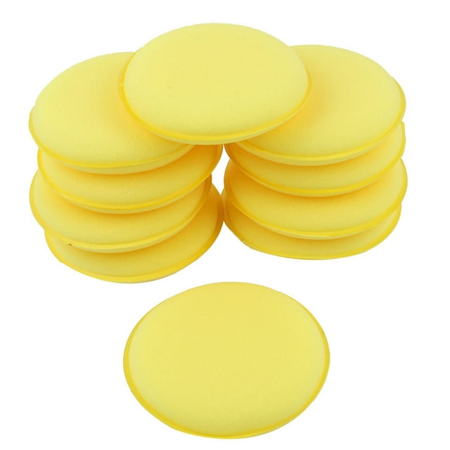 10cm amarilla redonda esponja para limpieza pulido encerado de coche conjunto apilado con esponjas redondas amarillas de 10 cm, vista frontal centrada que muestra superficie de espuma lisa y borde definido, indicada para pulido y encerado en tablero de auto, sillones de cuero y muebles.