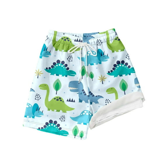 WOYY Big Boys Dinosaur Print Swimming Trunks Compression Liner Stretch Board Shorts, Sizes 10-12Y
