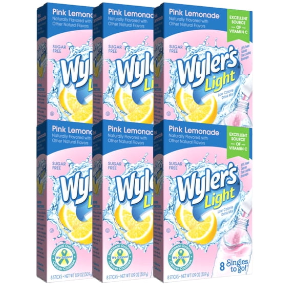 Wyler's Light Singles To Go Powder Packets Pink Lemonade Flavor Drink Mix Sugar-Free Low-Calorie Water Enhancer for Home Office Snacks Picnics Camping On The Go Drink Beverages 8 Sticks (Pack of 6)
