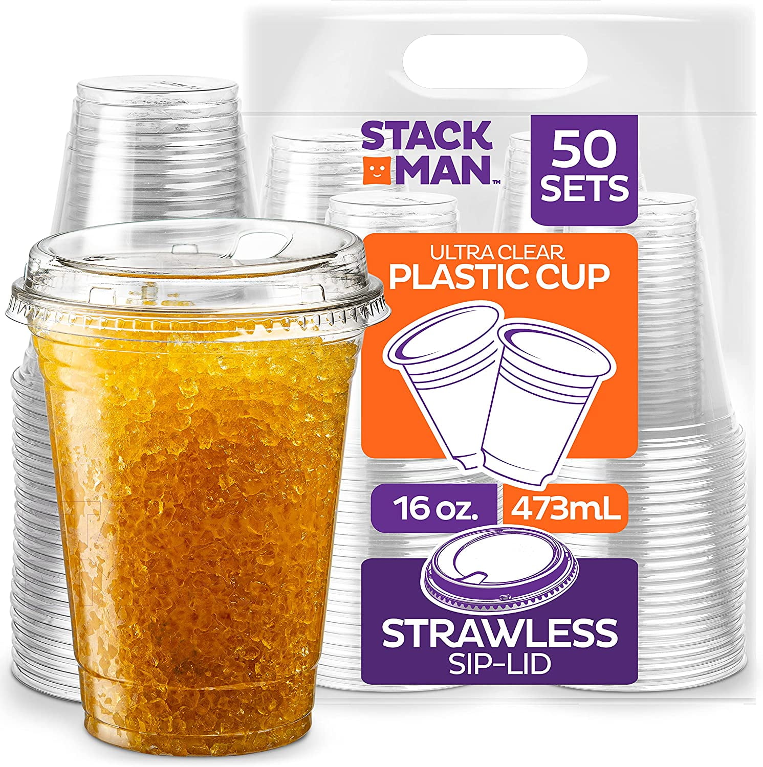Stack Man 16 oz. Clear Cups with Strawless SipLids, [50 Sets] PET