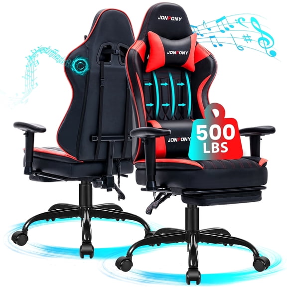 JONPONY Big and Tall 500lbs Gaming Chair with Bluetooth Speakers, Gamer Chair with Footrest and Lumbar Support & 360-Swivel Seat, Ergonomic Gamer Chair with Headrest, Red