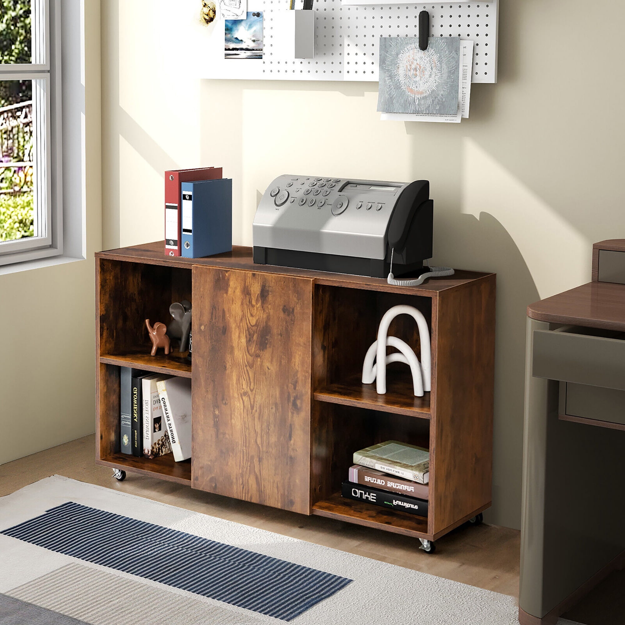 Gymax 3-Tier Wood Bookcase 6 Cube Bookshelf w/ Door Wheels Display Cabinet Rustic Brown