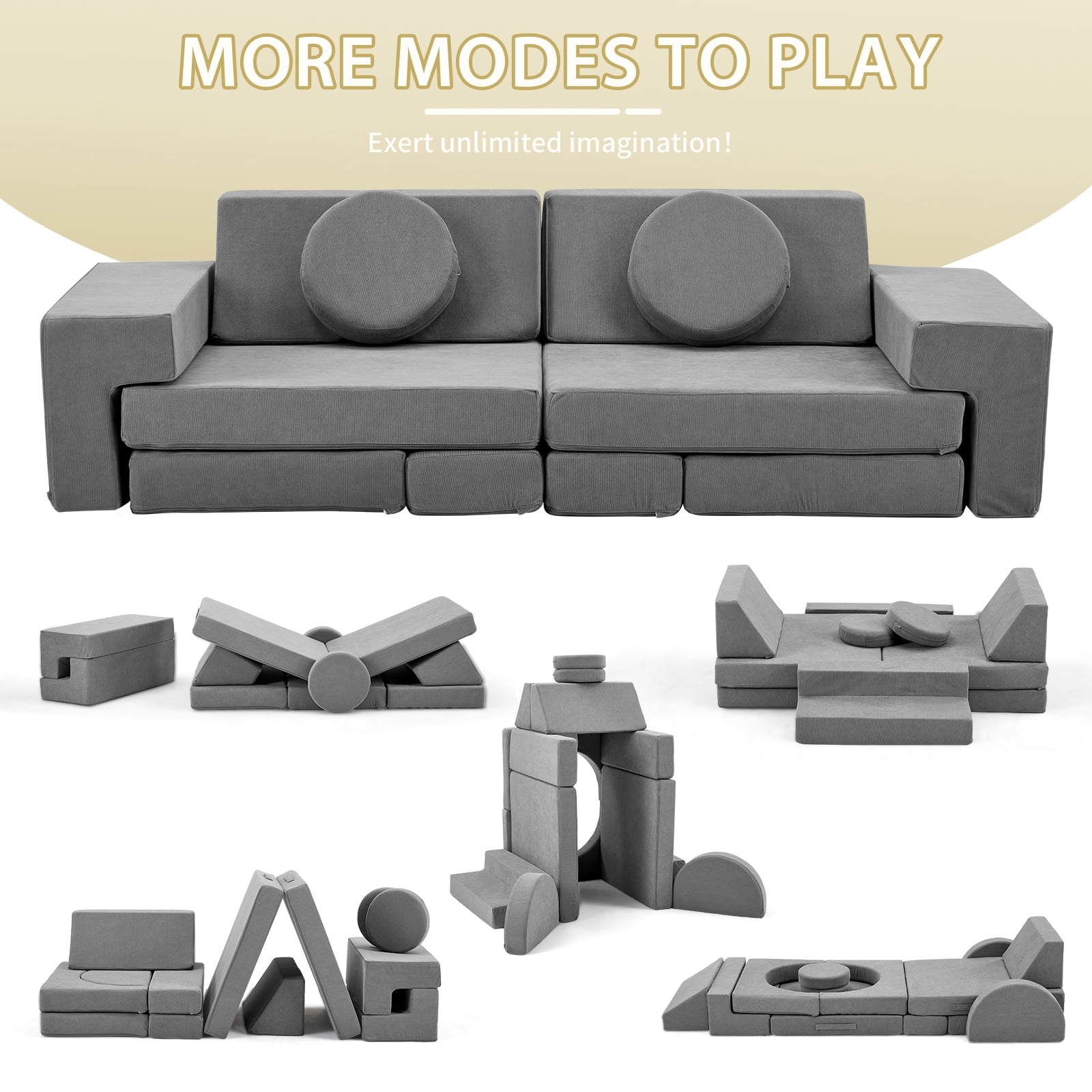 14 PCS Modular Kids Play Couch, Convertible Foam Building Block Sofa Fort Play Set, Corduroy Detachable Floor Sofa for Toddlers Playroom Bedroom Living Room, Grey