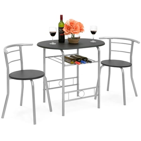 Pub Table Chairs Sale Best Choice Products 3-Piece Wooden Kitchen Dining Room Round Table and Chair Set with Built-In Wine Rack, Black ()