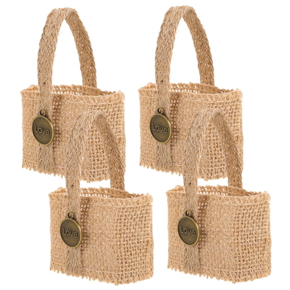 SEWCHICS 4-Pack Burlap Candy Bags Light Brown Linen Pouches for Wedding Favors, Party, Banquets, and Storage