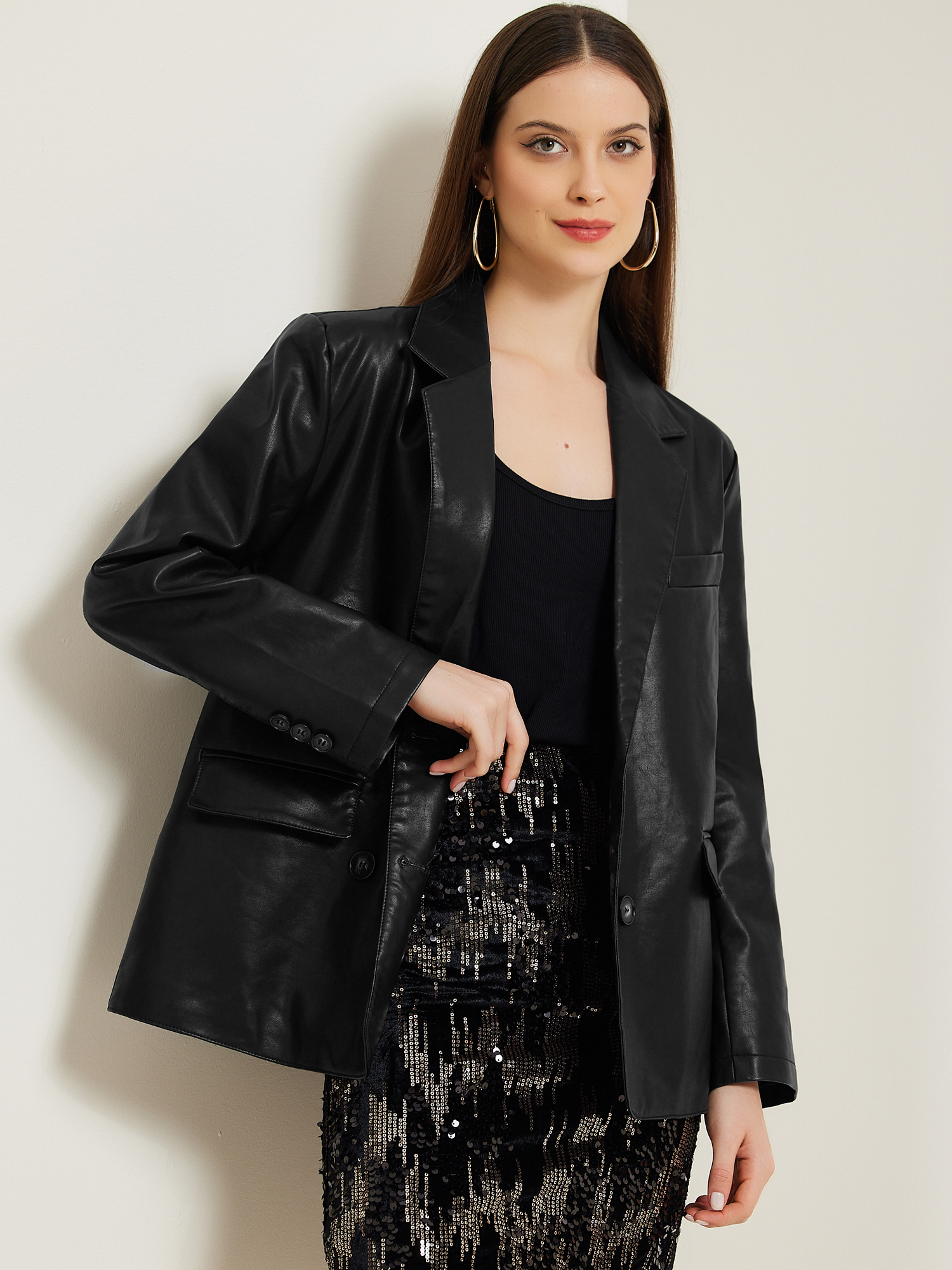 DARING DIVA Women's Faux Leather Blazer Notch Lapel Business Jackets S Black