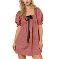 thumbnail image 3 of Babcutegg Women's Plaid Square Neck Short Dress - Flower Puff Sleeve A-Line Ruffle Party Skirt Red Size 2XL, 3 of 8