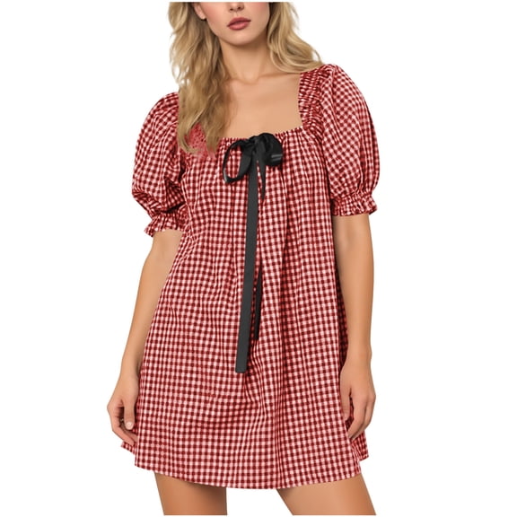 cocolona Womens Square Neck Plaid Mini Dress Summer Short Sleeve T-shirts Dress Fashion Casual Loose Vacation Sun Dress
