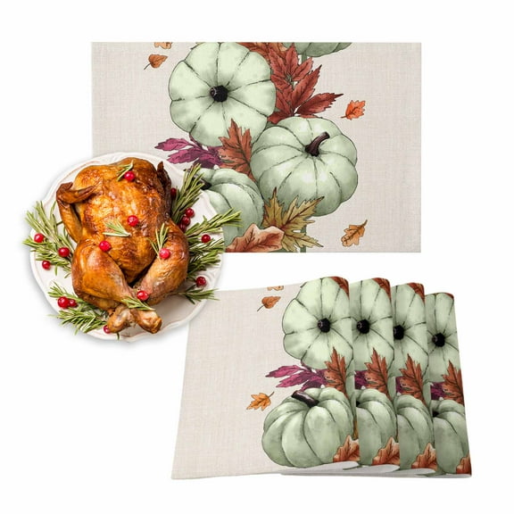 Fall Placemats Set of 6 Sage Green Pumpkin Place Mats Thanksgiving Placemat Autumn Maple Leaves Beige Table Mats for Dining Kitchen Table Holiday Dinner Party Home Fall Decorations 13x19 Inch