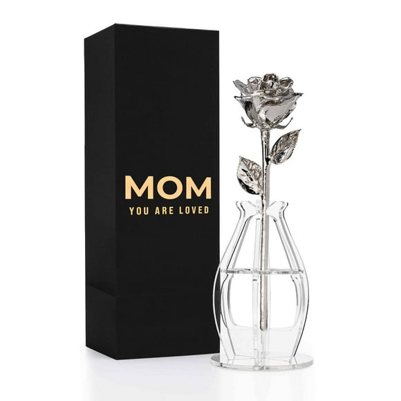 Forever Rose Mom You are Loved Bloom Box Bundle, Genuine One-of-a-Kind, Platinum Dipped Rose in a Beautiful Phantom Vase and Bloom Box