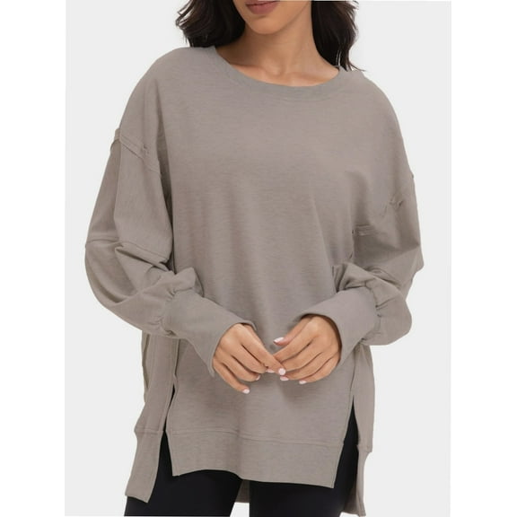 Women Oversized Sweatshirts Crewneck Side Slit Pullover Long Sleeve Casual Tops