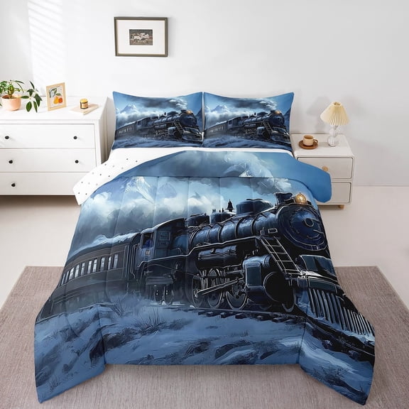 Erosebridal Black Train Bedding Queen Comforter Set, Steam Engine Down Comforter, Black Blue, 3 Pieces, Reversible