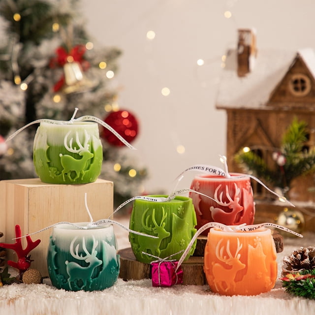 Fiudx Vela de Aromaterapia con Diseño de Reno, Aroma Suave, Decoración Navideña, Ambiente Festivo, Combustión Limpia, Larga Duración, Verde, Rojo, Naranja y Verde Menta, 6,5 X 6 X 6 Cm
